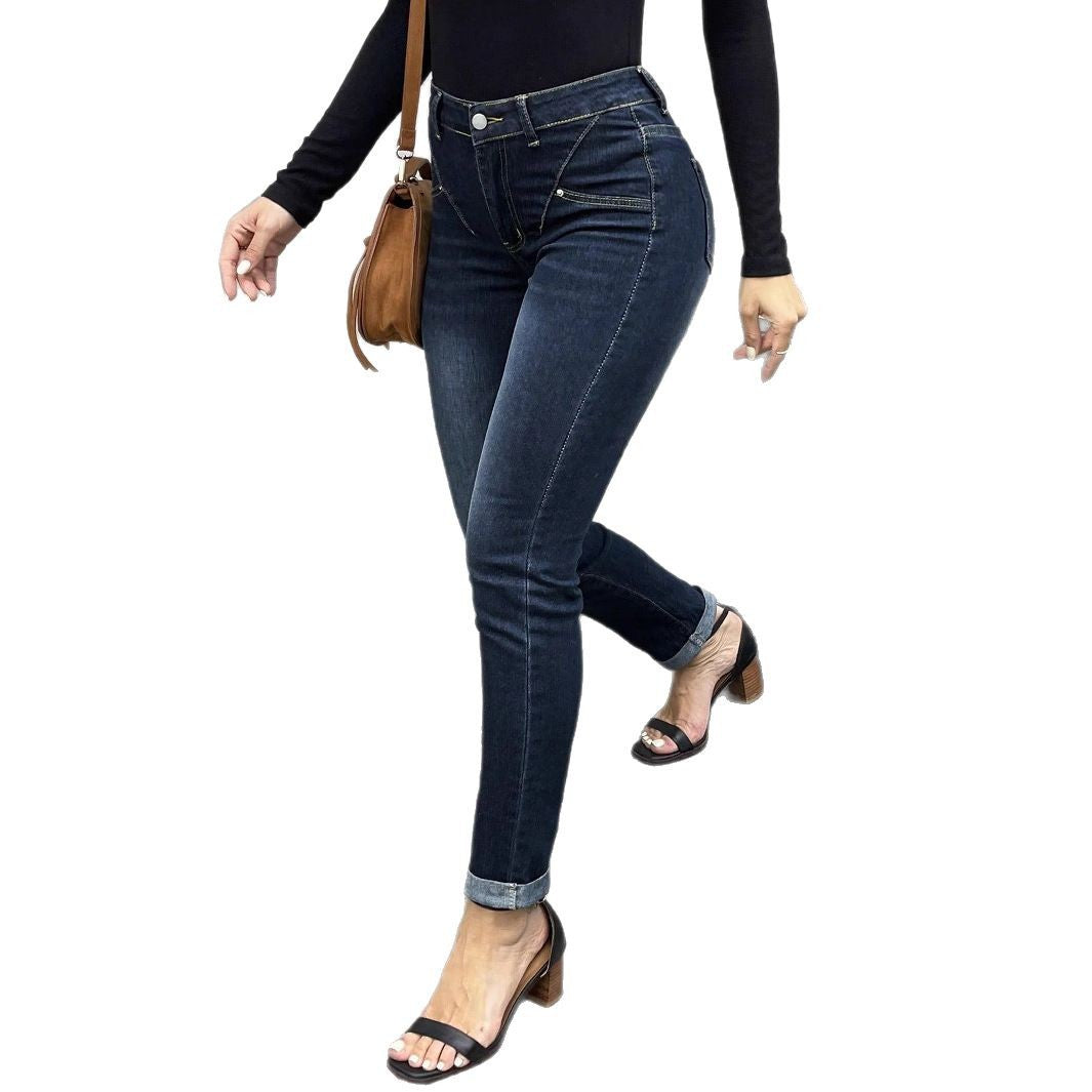 Women High-Waisted Slim-Fit Denim Jeans with Contoured Hip Seam Fashion Glam