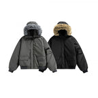 Unisex Quilted Bomber Jacket with Faux Fur Hood, Ribbed Hem and Utility Pockets Fashion Glam