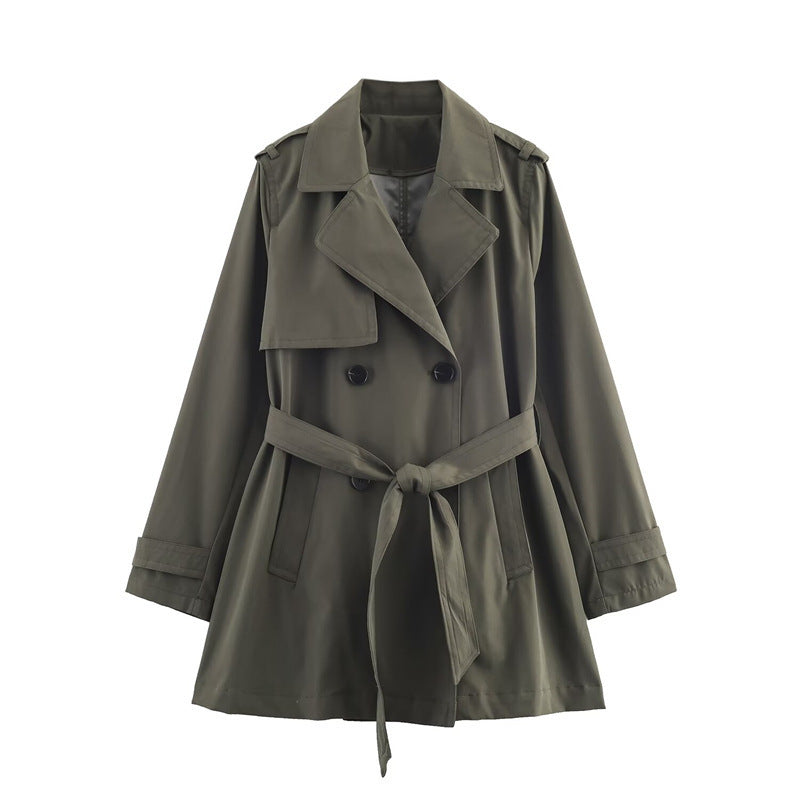 Women's short trench coat with A-line silhouette, double-breasted button placket, detachable belt, and shoulder epaulettes Fashion Glam