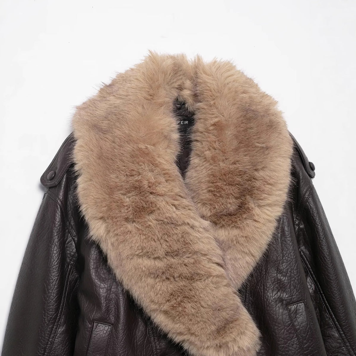 Women's Short Leather Blouson Jacket with XXL Fur Collar Fashion Glam