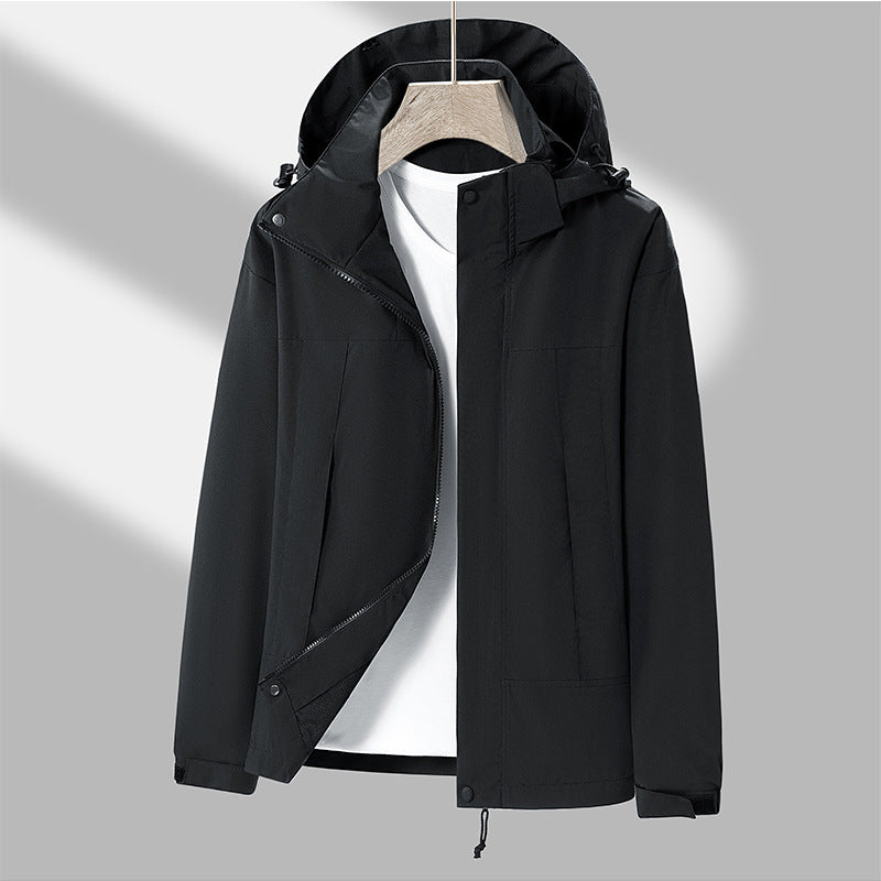 Men's lightweight water-repellent hooded transitional jacket with contrast shoulder panels and drawstring hem Fashion Glam
