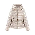 Women short cut quilted jacket with hood, fitted elastic waistband and decorative belt Fashion Glam