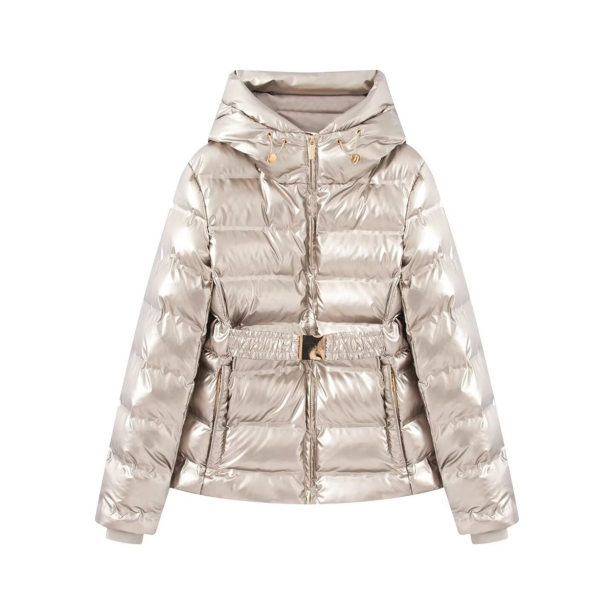 Women short cut quilted jacket with hood, fitted elastic waistband and decorative belt Fashion Glam
