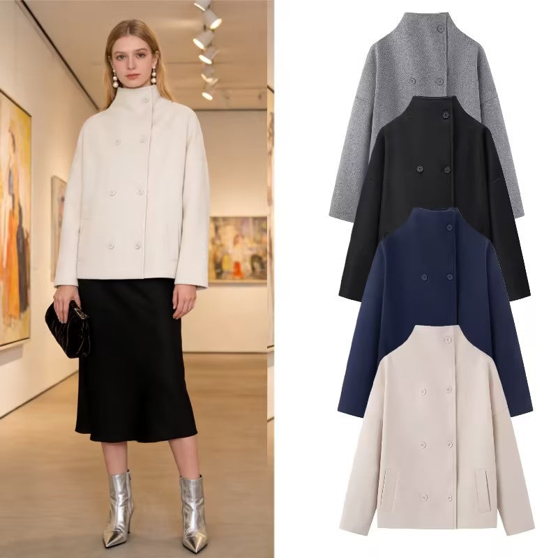 Women's Boxy Wool Jacket in Cocoon Cut with Stand-up Collar and Double-breasted Button Placket Fashion Glam