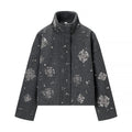Women's Short Embroidered Wool Blend Boxy Coat with Stand Collar Fashion Glam