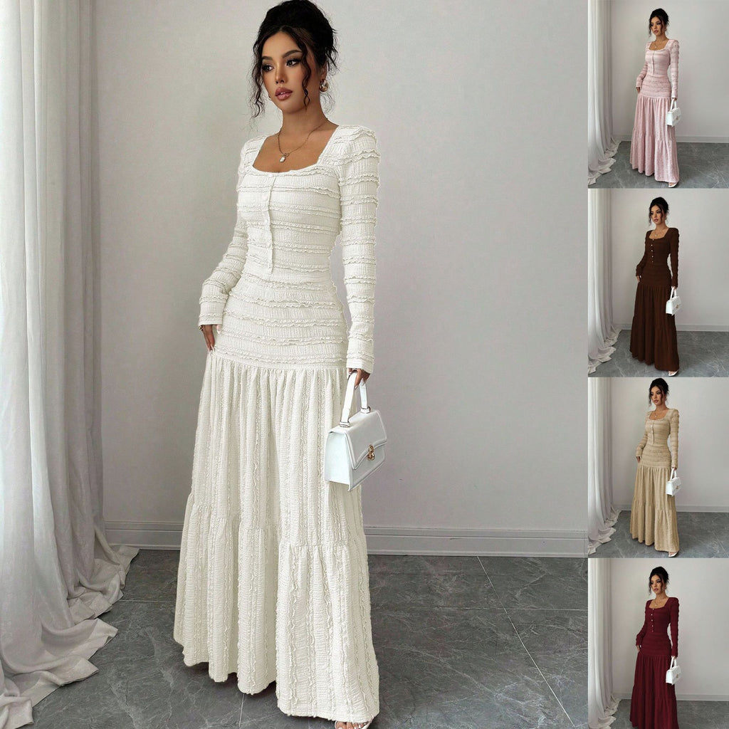 Women's Figure-Hugging Ruffle Maxi Dress with Square Neckline and Button Placket Fashion Glam