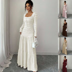 Women's Figure-Hugging Ruffle Maxi Dress with Square Neckline and Button Placket Fashion Glam