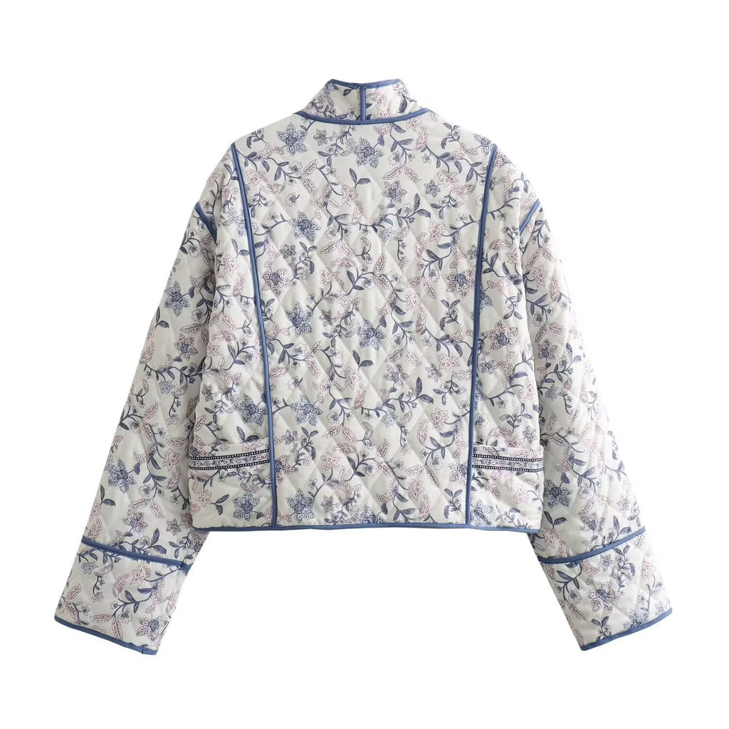 Ladies Quilted Short Jacket in Kimono Style with Floral Quilting and Contrast Piping Fashion Glam