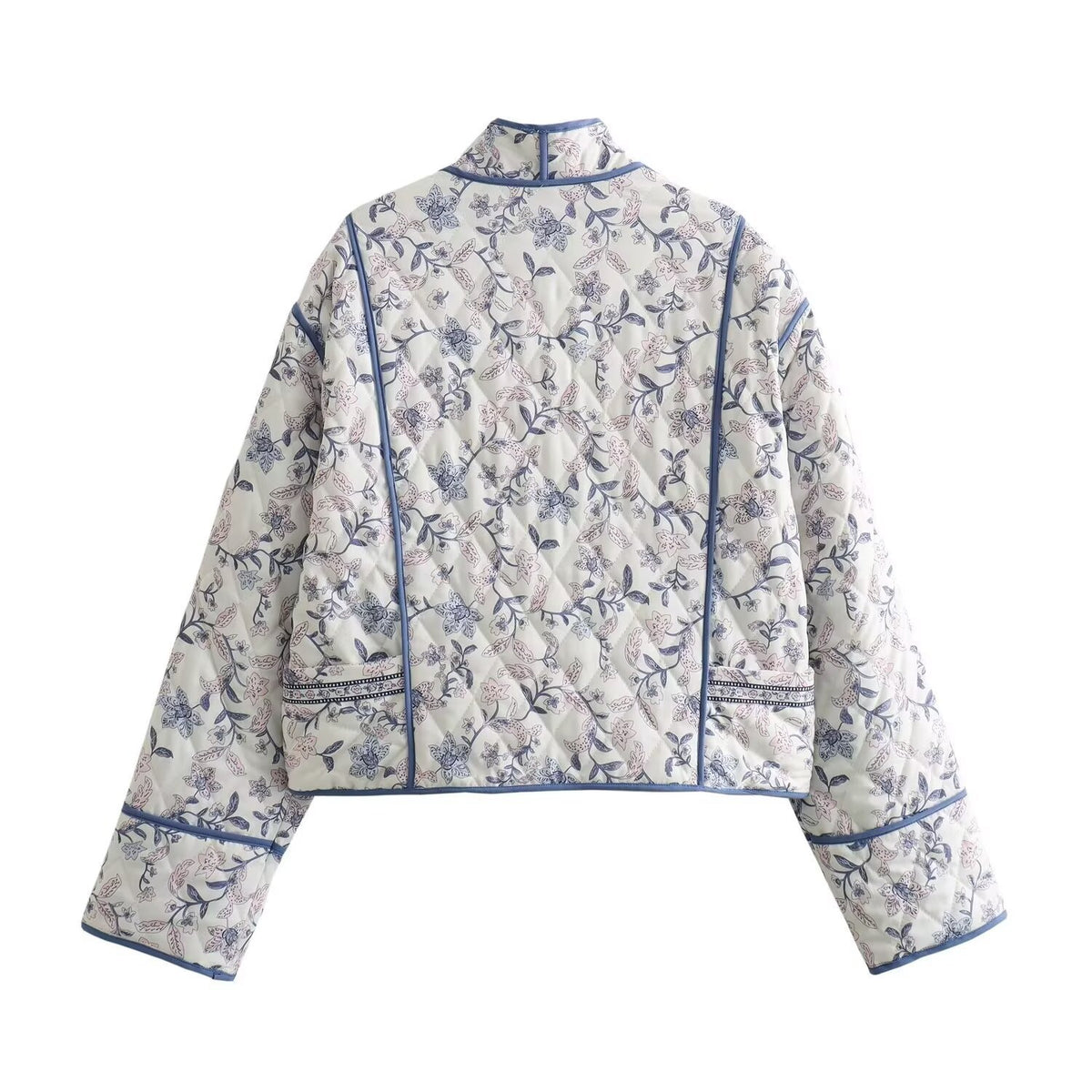 Ladies Quilted Short Jacket in Kimono Style with Floral Quilting and Contrast Piping Fashion Glam