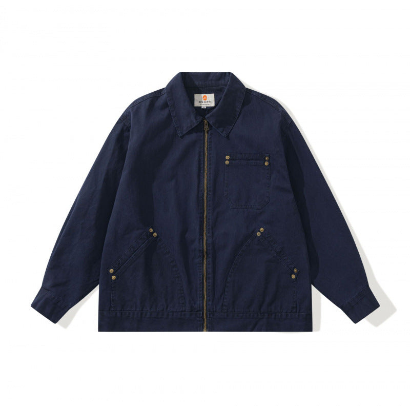 Unisex Boxy Canvas Worker Jacket with Front Zip and Stud Applications Fashion Glam