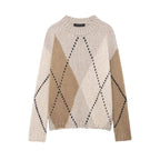 Women Chunky Knit Argyle Sweater with Oversized Cut and Ribbed Collar Fashion Glam
