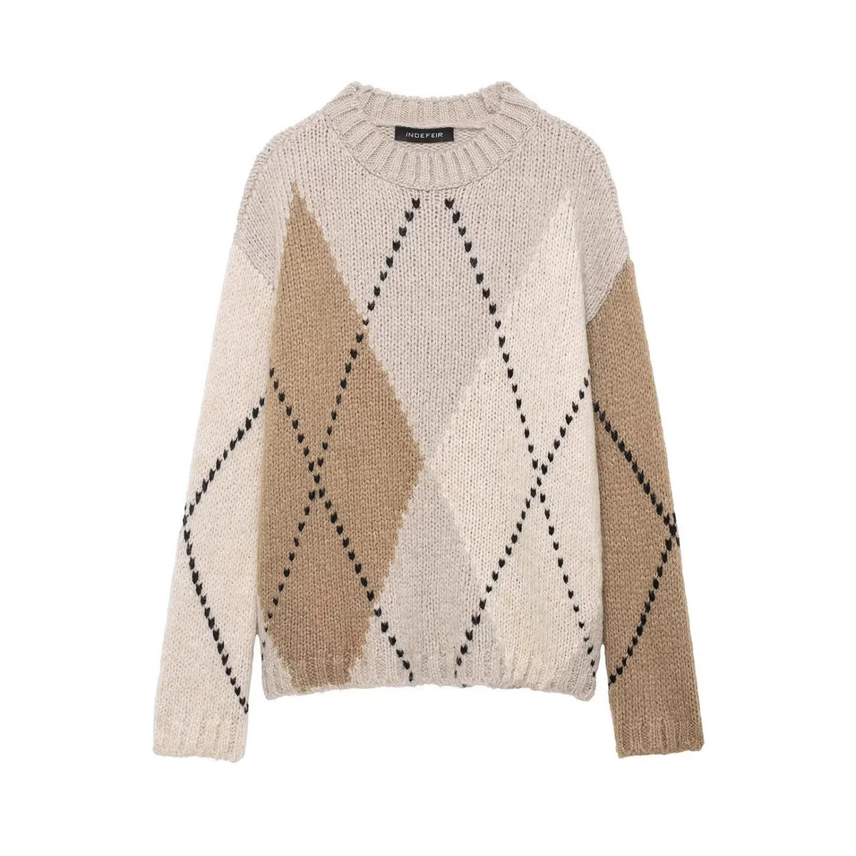 Women Chunky Knit Argyle Sweater with Oversized Cut and Ribbed Collar Fashion Glam