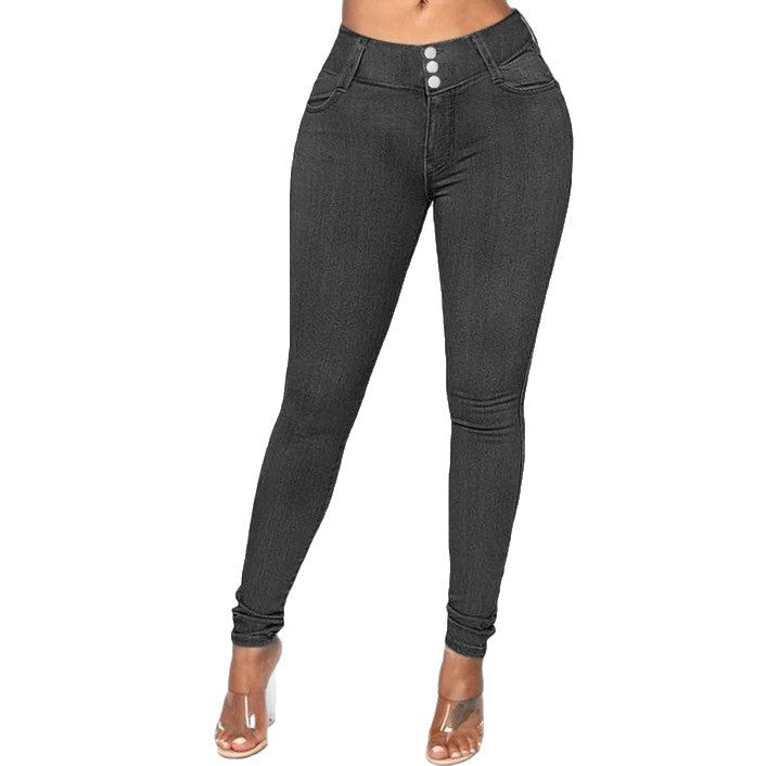 Ladies' Waist-Accentuated High-Waist Sculpting Skinny Jeans with Double Button Waist Fashion Glam