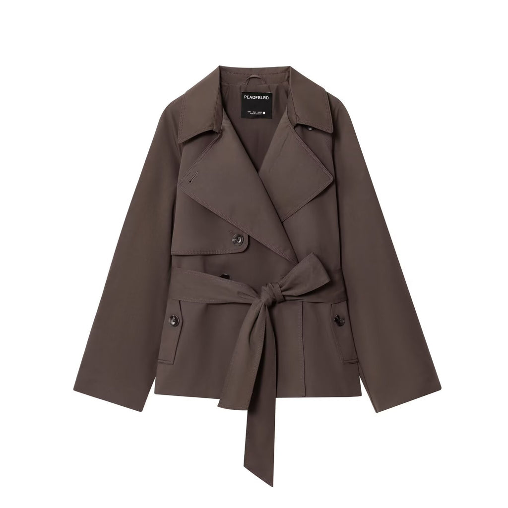 Women Cropped Waist Belt Trench Coat with Wide Lapels and Flap Pockets Fashion Glam