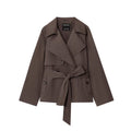 Women Cropped Waist Belt Trench Coat with Wide Lapels and Flap Pockets Fashion Glam