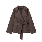 Women Cropped Waist Belt Trench Coat with Wide Lapels and Flap Pockets Fashion Glam