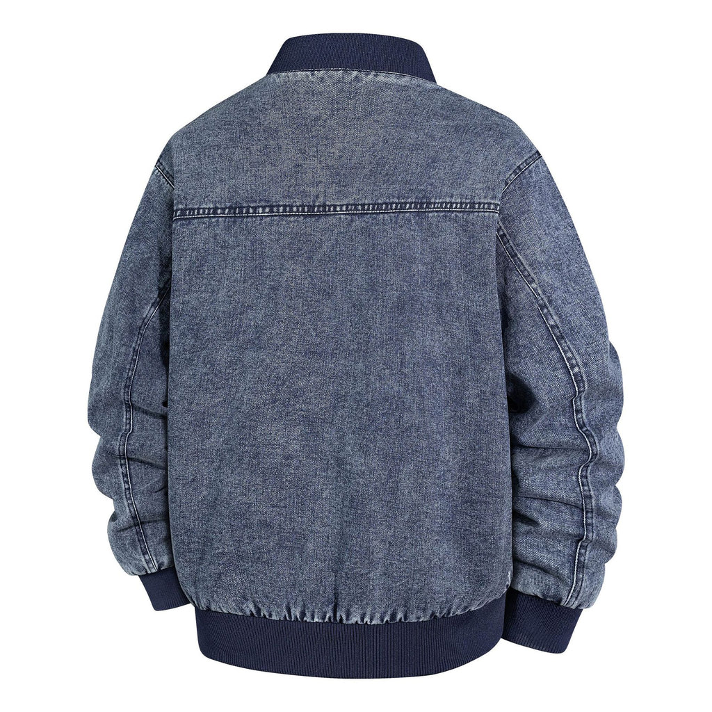 Men's Denim Bomber Jacket with Ribbed Collar and Snap Button Closure Fashion Glam