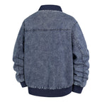 Men's Denim Bomber Jacket with Ribbed Collar and Snap Button Closure Fashion Glam