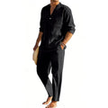 Men's comfortable linen two-piece with stand-up collar shirt and tapered ankle-length pants Fashion Glam