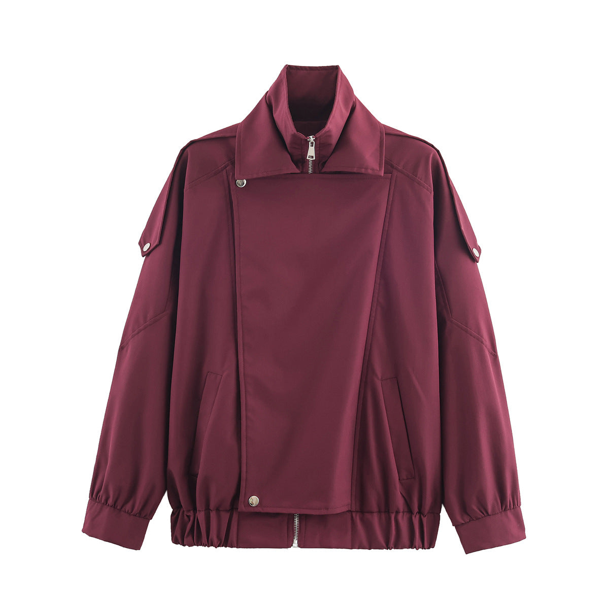 Women's oversized bomber jacket with asymmetric placket front, standing collar, and drawstring hem Fashion Glam
