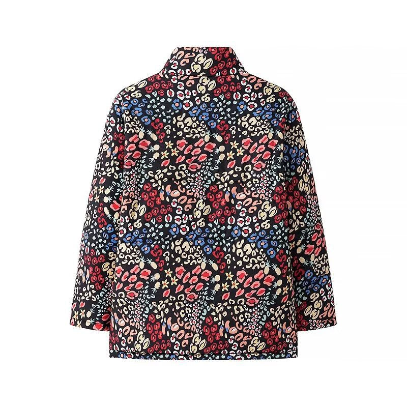 Women's Oversize Print Jacket with Stand-Up Collar and Hidden Button Placket Fashion Glam