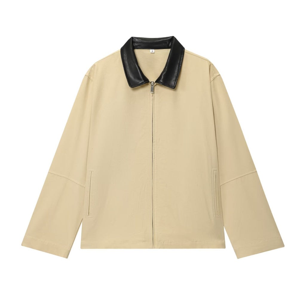 Women's Oversized Jacket with Zipper and Contrasting Faux Leather Collar Fashion Glam