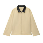 Women's Oversized Jacket with Zipper and Contrasting Faux Leather Collar Fashion Glam