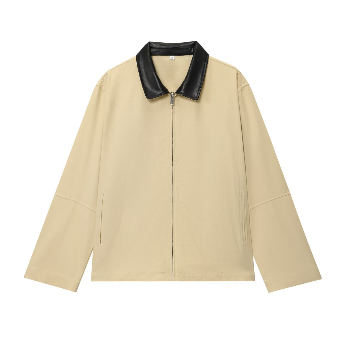 Women's Oversized Jacket with Zipper and Contrasting Faux Leather Collar Fashion Glam