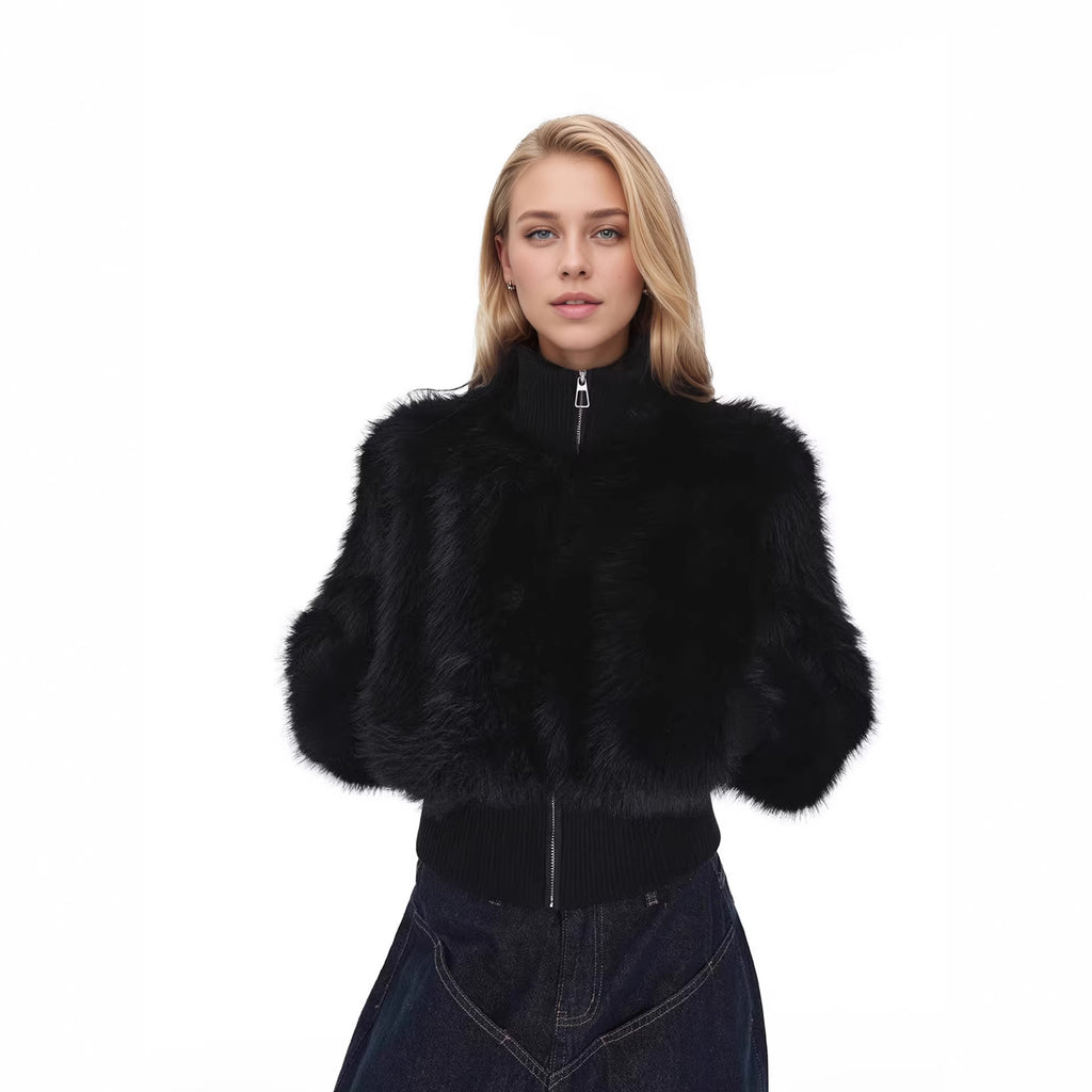 Women's Short Faux Fur Bomber Jacket with Boxy Silhouette and Zipper Detail Fashion Glam