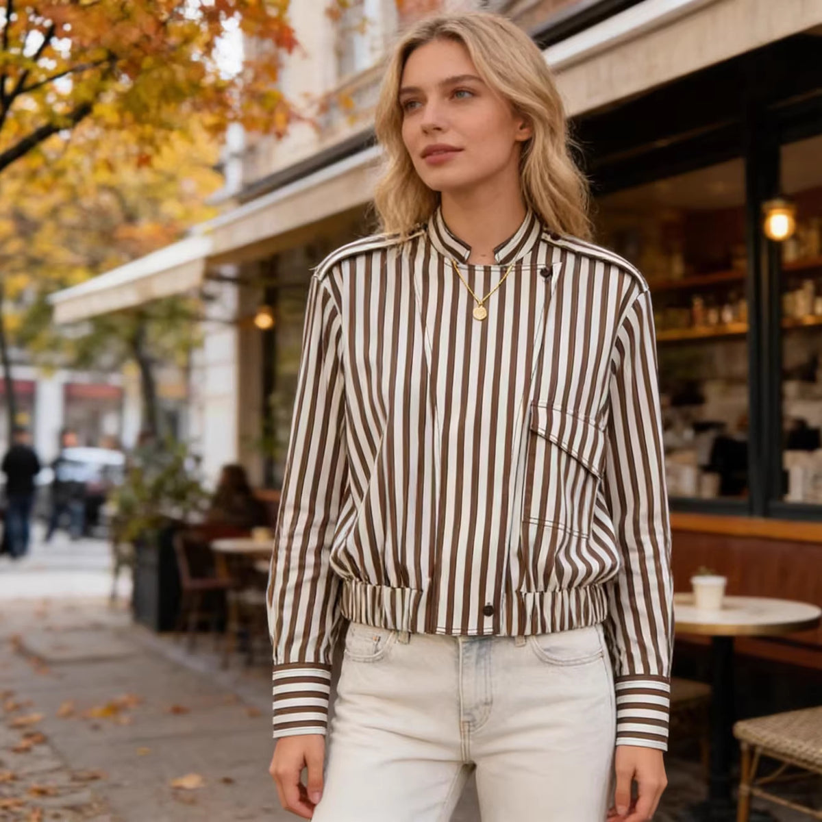 Women's Striped Blouson Shirt Blouse with Stand Collar, Shoulder Epaulettes, and Elastic Hem Fashion Glam