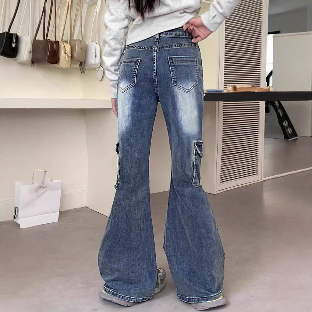 Women's wide flared cargo-style jeans with decorative ribbons, lace appliqués, and multiple pockets Fashion Glam