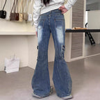 Women's wide flared cargo-style jeans with decorative ribbons, lace appliqués, and multiple pockets Fashion Glam