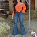 Women’s figure-hugging flared jeans with retro flair, featuring distressed knees and a waist-shaping comfort waistband Fashion Glam