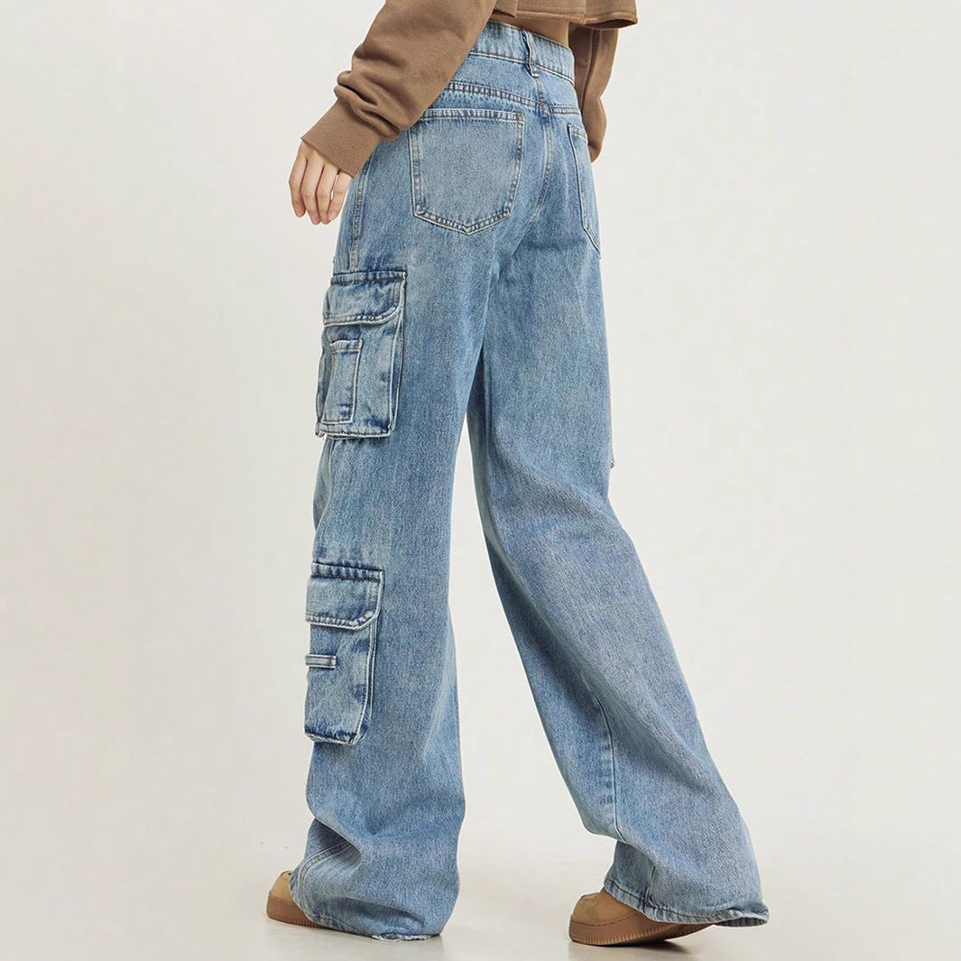 Women's Loose Cargo Denim Jeans with Multiple Flap Pockets and Relaxed Fit Fashion Glam