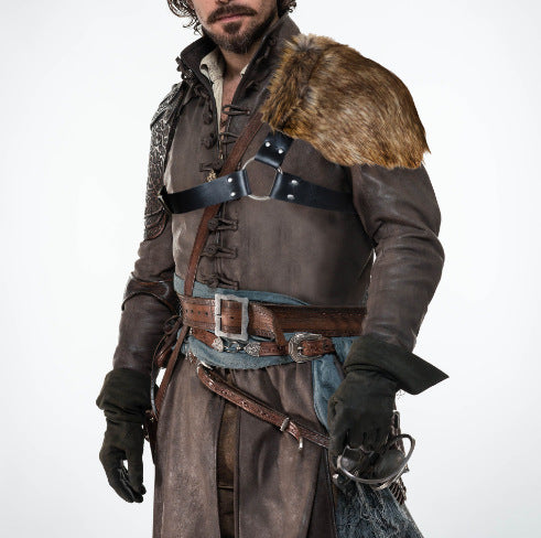 Men's asymmetrical shoulder harness with faux fur shoulder cape and adjustable leather straps Fashion Glam
