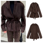 Ladies short coat in kimono style made of velour look with wide shawl collar and waist belt Fashion Glam