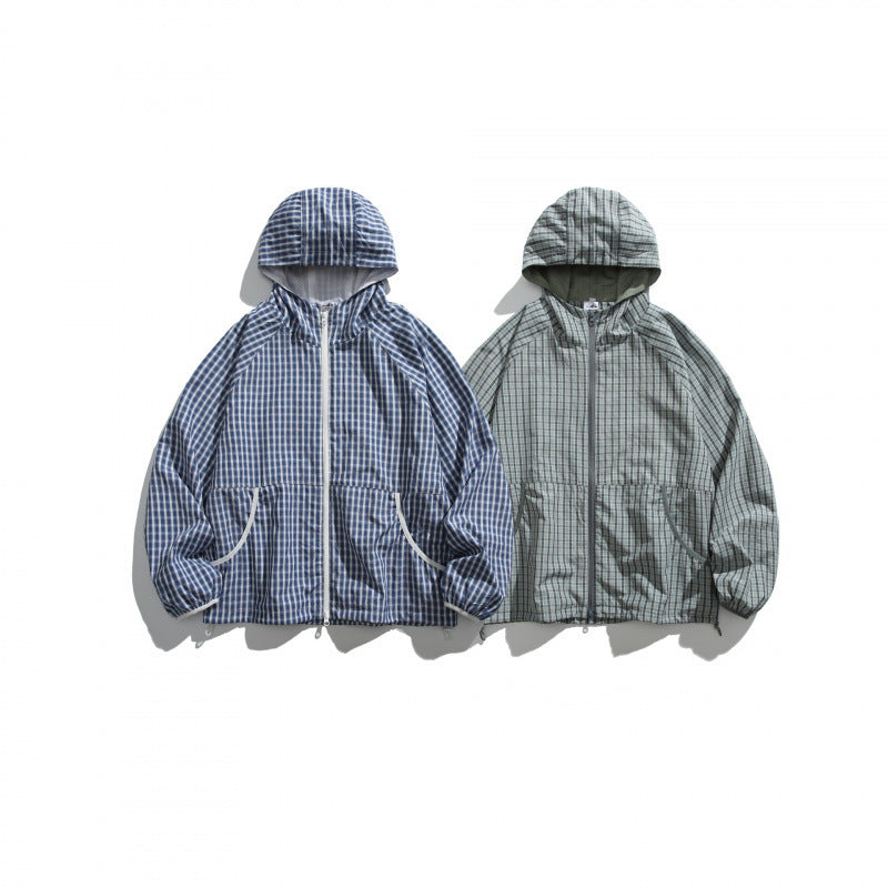Unisex Lightweight Checked Windbreaker Jacket with Hood, Raglan Sleeves, and Drawstring Fashion Glam