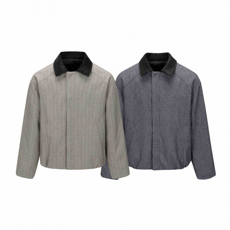 Men's short jacket in herringbone wool blend with leather collar and concealed closure Fashion Glam