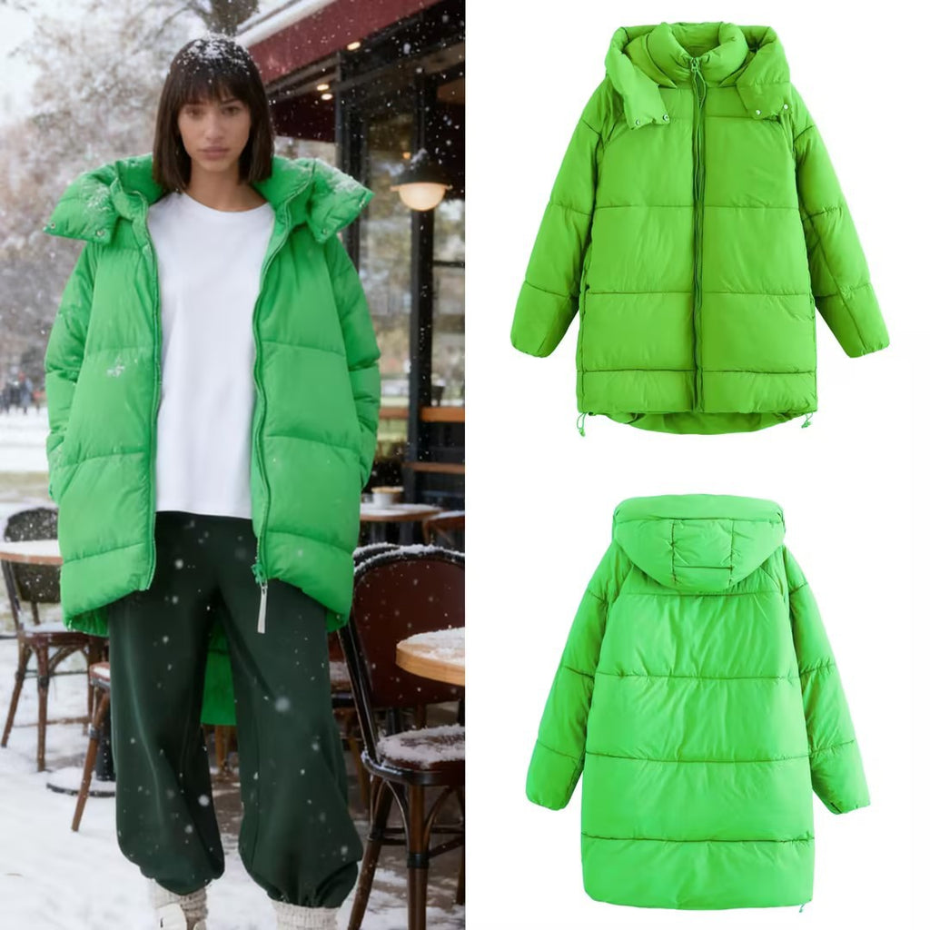 Women's Longer Quilted Down-Effect Coat with High Collar, Hood and Drawstring Fashion Glam