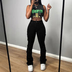 Ladies High-Waisted Cargo Jeans with Multiple Flap Pockets and Long Leg Fashion Glam