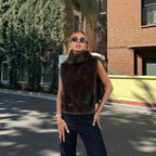 Women’s Sleeveless Faux Fur Vest with High Wrap Collar and Short Cut Fashion Glam