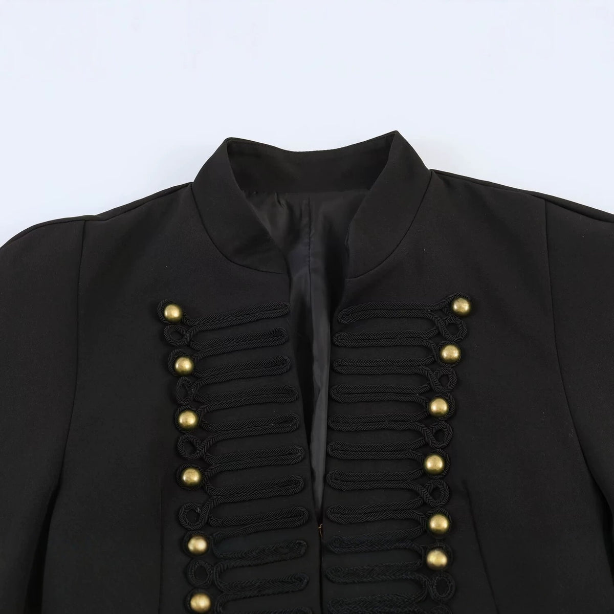 Women military-inspired cropped jacket with stand collar and decorative button detail Fashion Glam