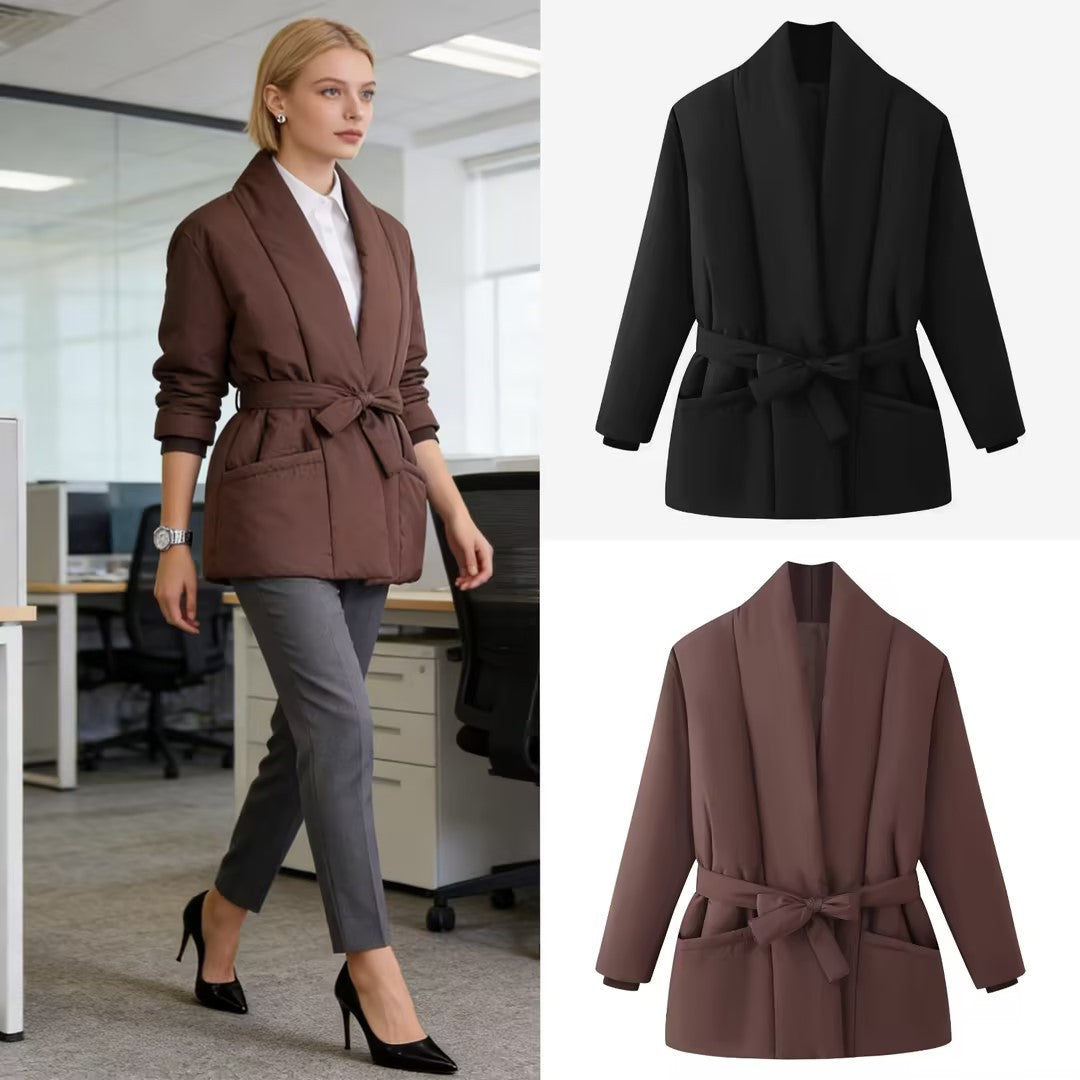 Women's Short Quilted Padded Jacket with Shawl Collar and Waist Belt Fashion Glam