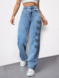 Ladies High-Waist Loose-Fit Denim Pants with Side Butterfly Print Fashion Glam