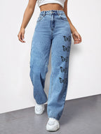 Ladies High-Waist Loose-Fit Denim Pants with Side Butterfly Print Fashion Glam