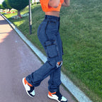 Ladies High-Waist Cargo Jeans with straight leg, knee rips and side flap pocket Fashion Glam