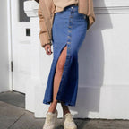 Women High-Waisted Maxi Denim Skirt with Continuous Button Placket and High Front Slit Fashion Glam