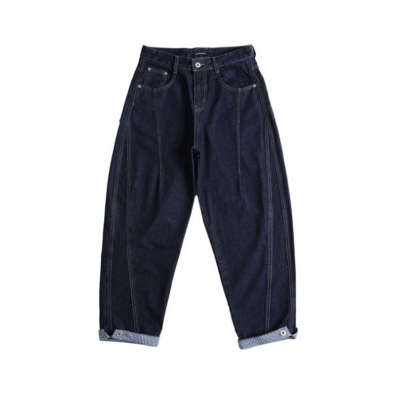 Ladies Cropped Baggy Jeans with High Waist, Pleats and Cuffed Hem Fashion Glam