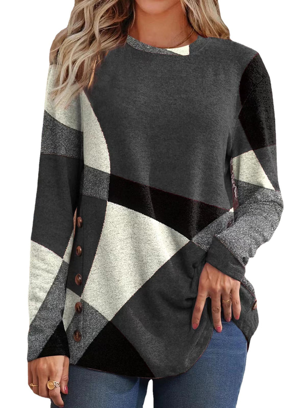 Women's fine knit sweater with geometric color block and decorative buttons Fashion Glam