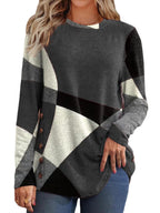 Women's fine knit sweater with geometric color block and decorative buttons Fashion Glam